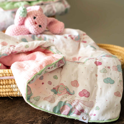 Handmade Organic Cotton Baby Quilt | Bamboo Filled | Reversible Sateen &amp; Muslin | Minty Pinky Collection