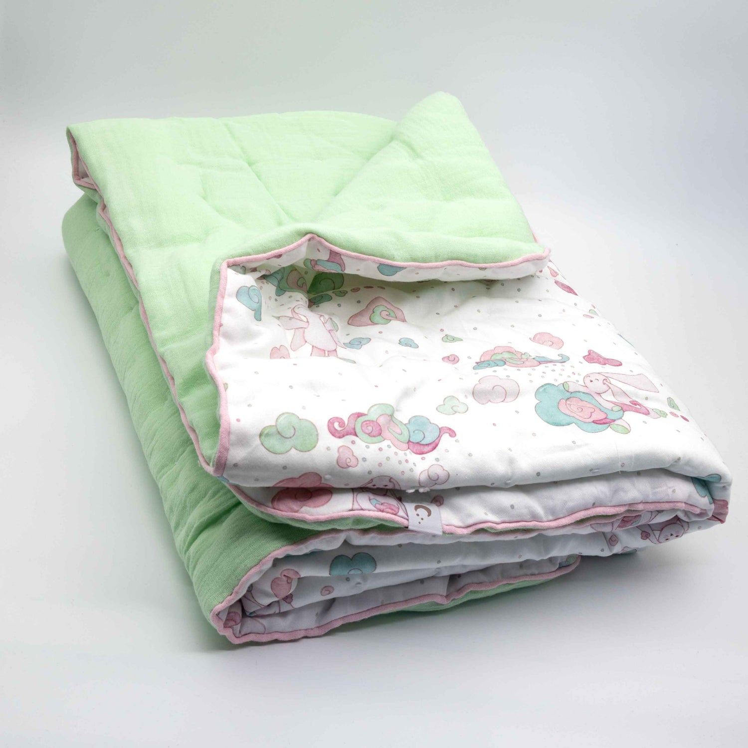 Handmade Organic Cotton Baby Quilt | Bamboo Filled | Reversible Sateen &amp; Muslin | Minty Pinky Collection