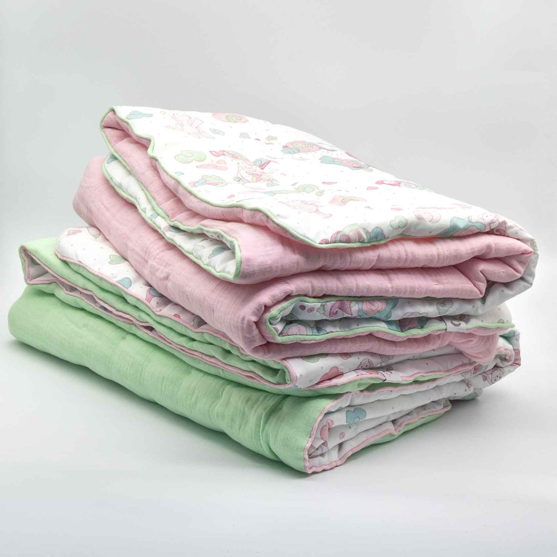 Handmade Organic Cotton Baby Quilt | Bamboo Filled | Reversible Sateen &amp; Muslin | Minty Pinky Collection