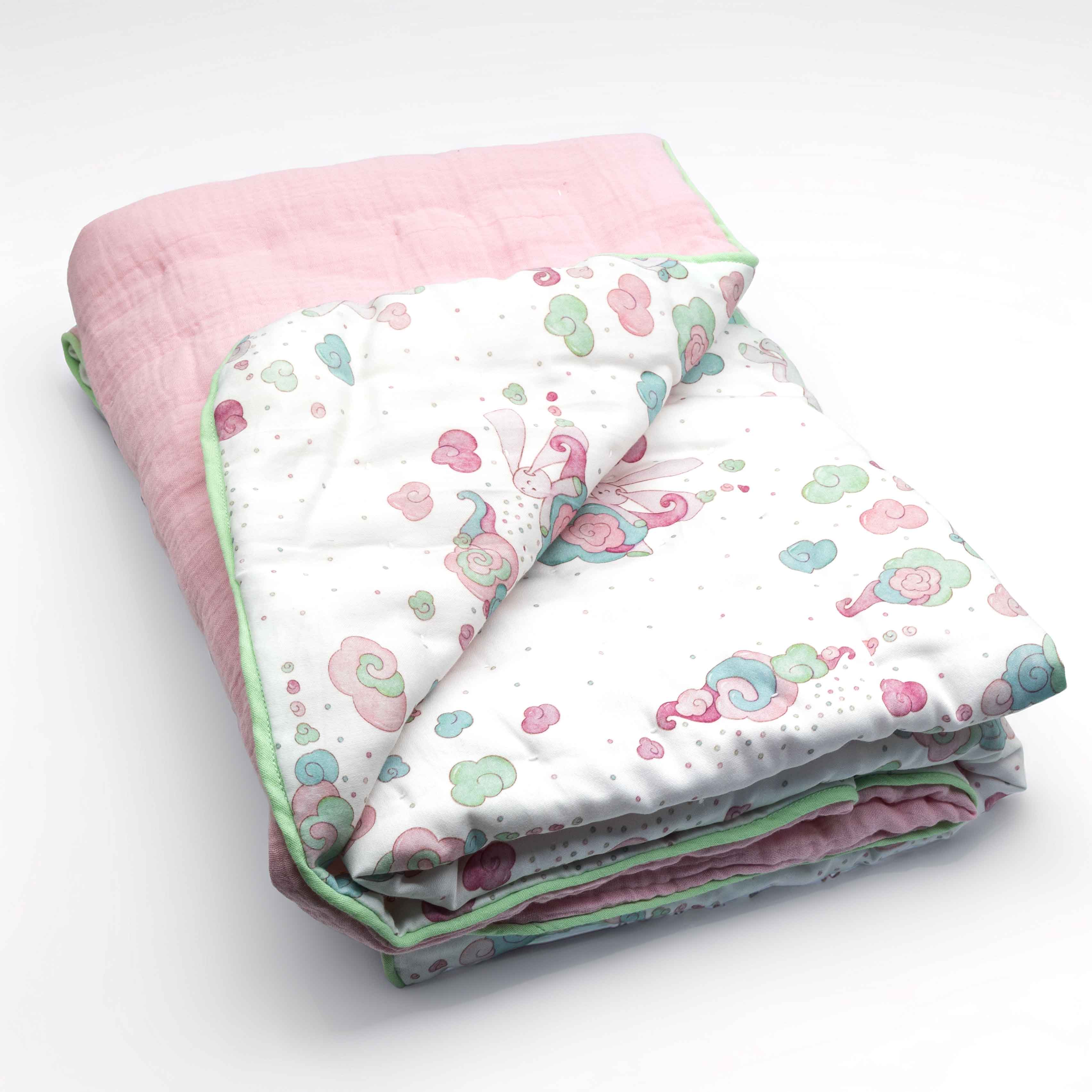 Handmade Organic Cotton Baby Quilt | Bamboo Filled | Reversible Sateen &amp; Muslin | Minty Pinky Collection