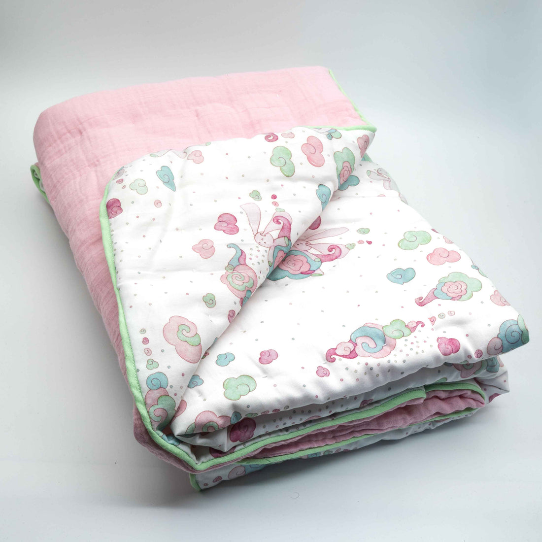 Handmade Organic Cotton Baby Quilt | Bamboo Filled | Reversible Sateen &amp; Muslin | Minty Pinky Collection