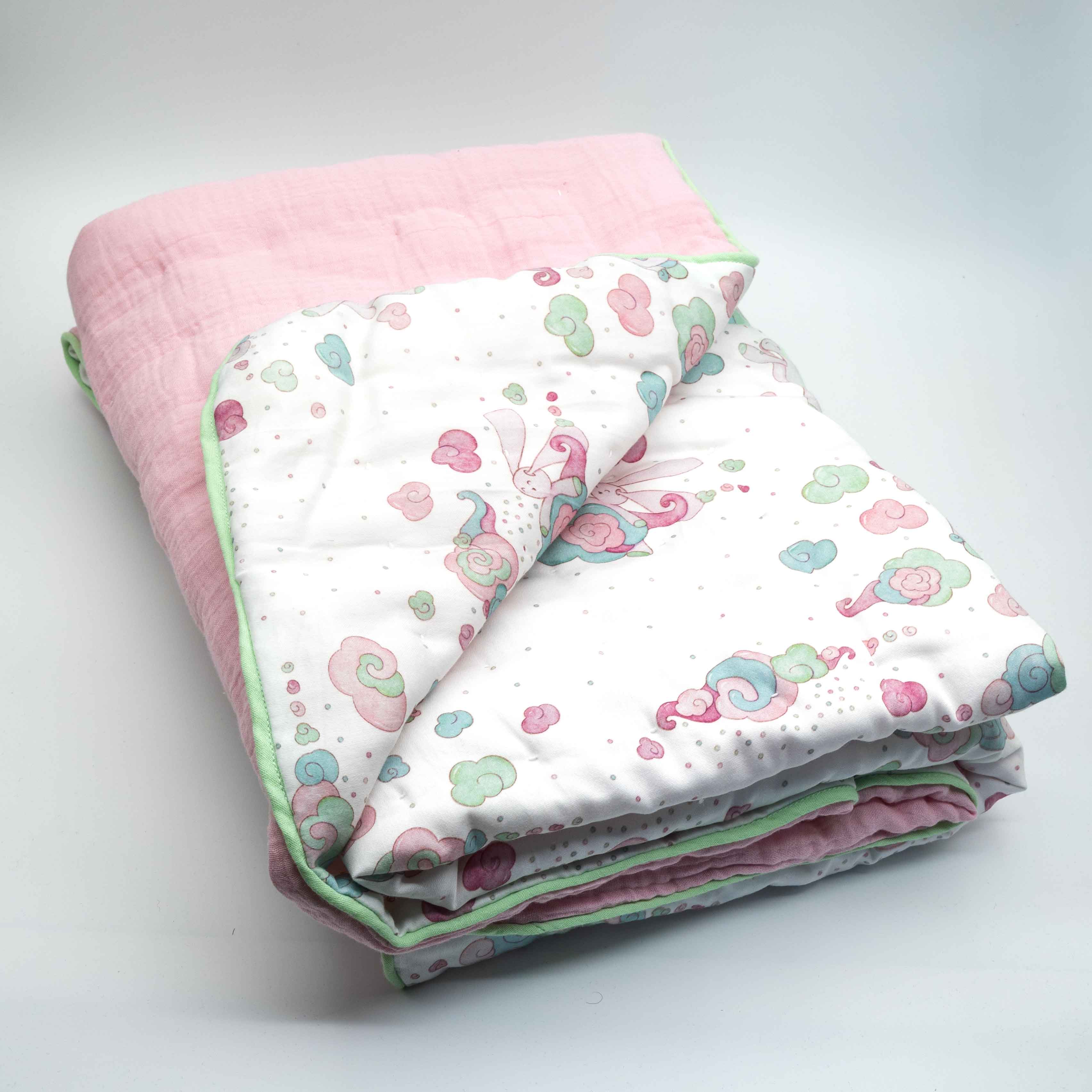 Handmade Organic Cotton Baby Quilt | Bamboo Filled | Reversible Sateen &amp; Muslin | Minty Pinky Collection